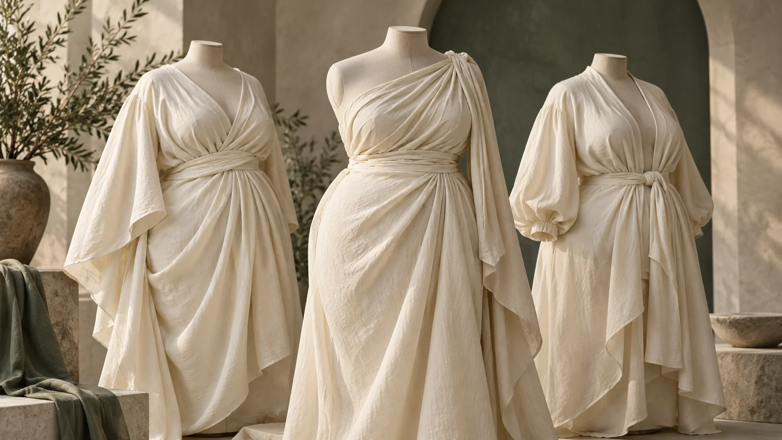 Three ivory garments draped on dress forms — editorial concept