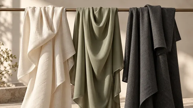 Ivory, sage and charcoal fabric lengths over a rail — editorial concept