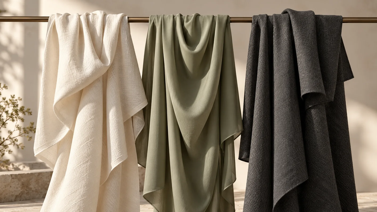 Ivory, sage and charcoal fabric lengths over a rail — editorial concept