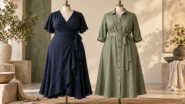 Navy wrap dress and sage shirt dress on forms — editorial concept