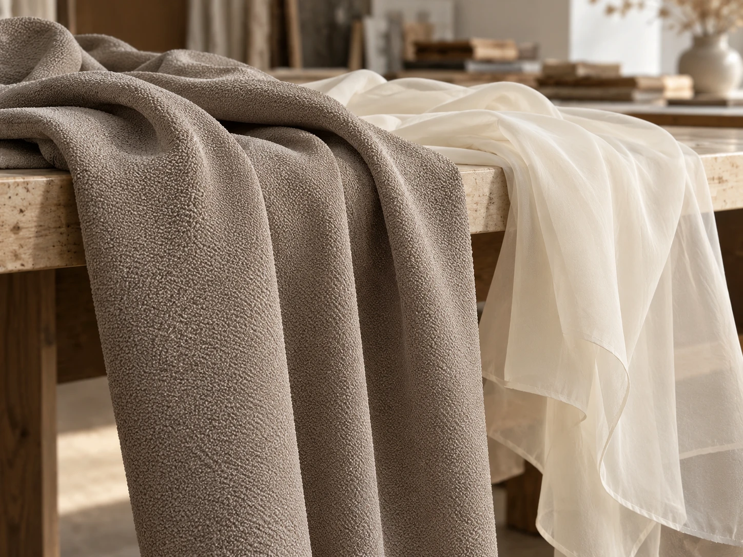 Light fabric arranged in fluid folds.