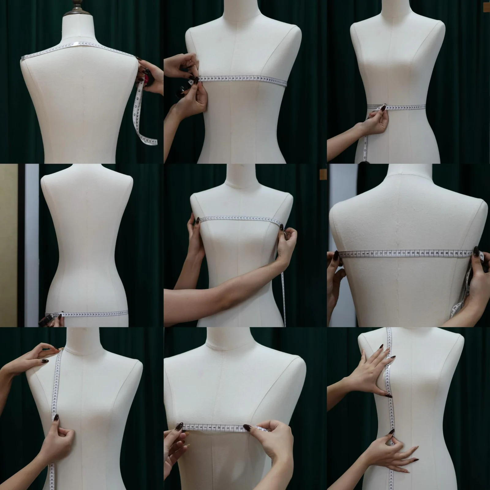 Measuring-tape positions demonstrated on a dress form, including bust, waist, back and length.