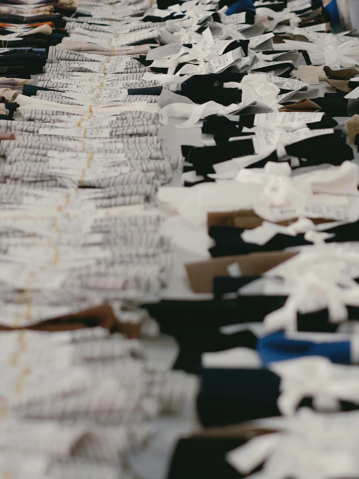 Rows of labelled textile swatches arranged for material selection.